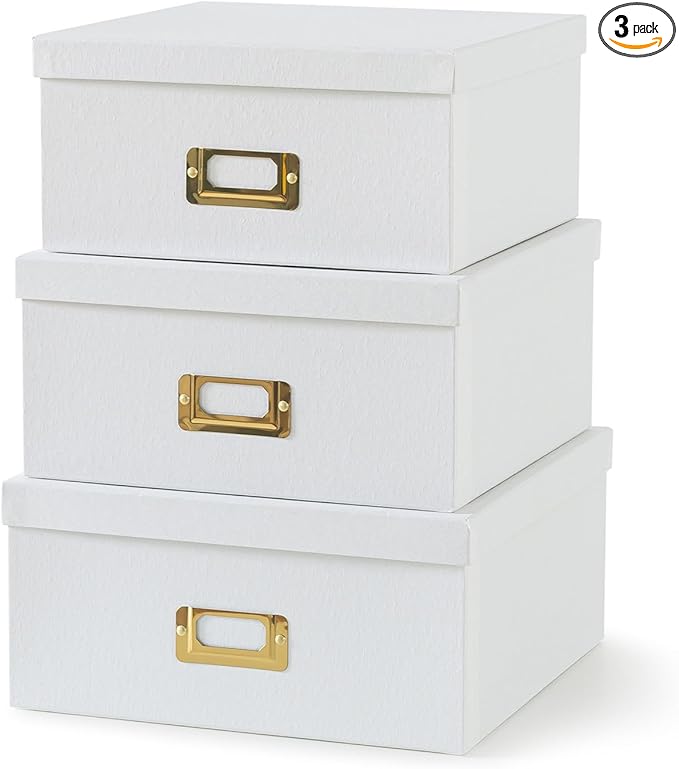 Soul & Lane - White and Gold Decorative Storage Boxes with Lids, Set of 3 | Square Stacking Kraft Memory Photo Storage with Label Holders, Nesting Cardboard Paper Bins for Office and Shelves by SoulLane