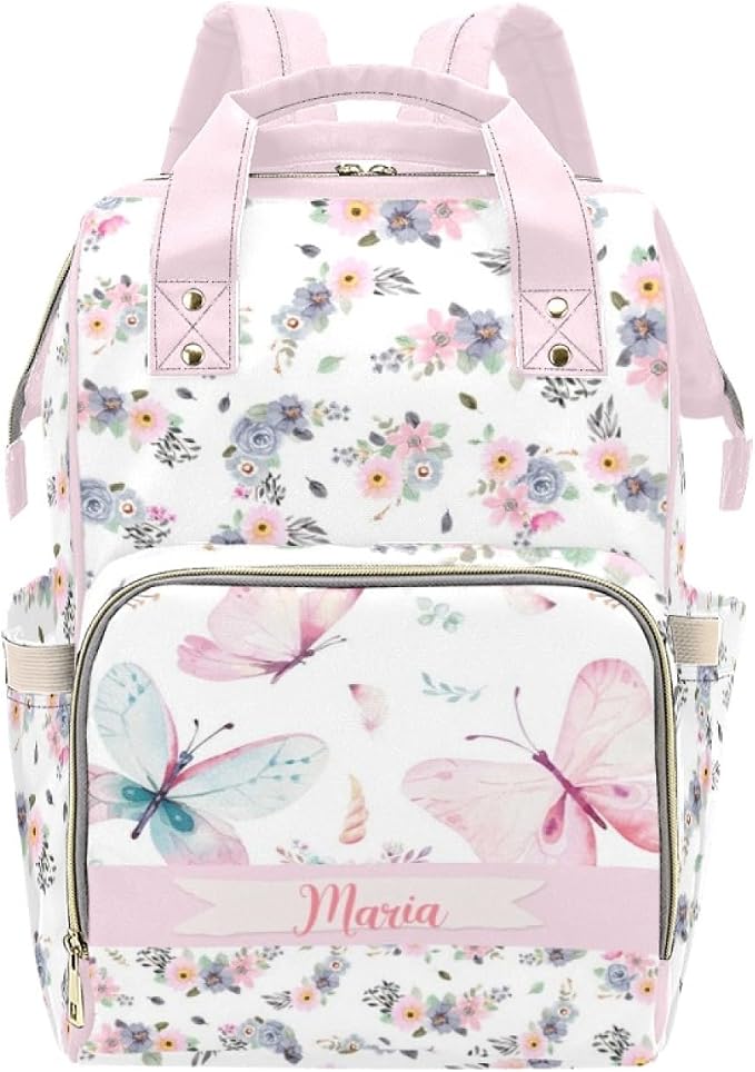 Custom Diaper Bag Backpack with Name Personalized Floral Butterfly Nappy Bag for Mommy Mother's Day Gift Customized Adjustable Shoulders Nursing Bag Daypack by Noverbibi