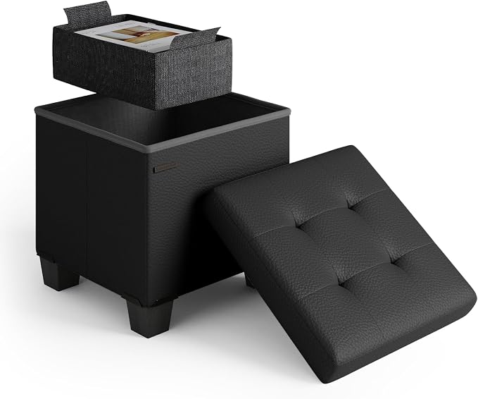 Storage Ottoman Cube with Small Bin, 15-in Square Ottoman with Storage for Living Room and Bedroom, Small Ottomans Foot Rest, Faux Leather Foot Stools Ottomans Max 330lbs, Black by STORAGEBUD