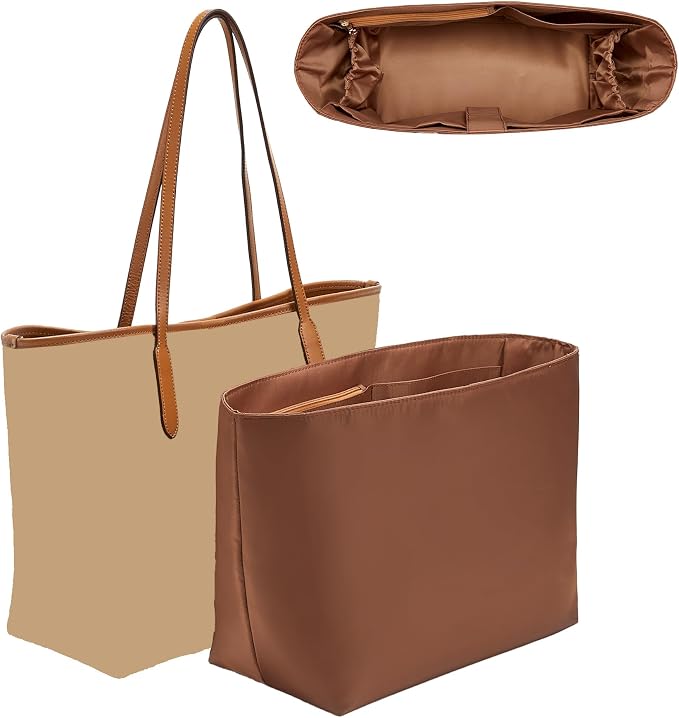 Tote Bag Organizer Insert for Coach City 33 Bag, Premium Soft Nylon Purse Organizer Insert with Laptop Sleeve, Handbag Inner Divider Shaper with Elastic Cup Holder & Smooth Zipper(City33/Brown) by OAIKOR