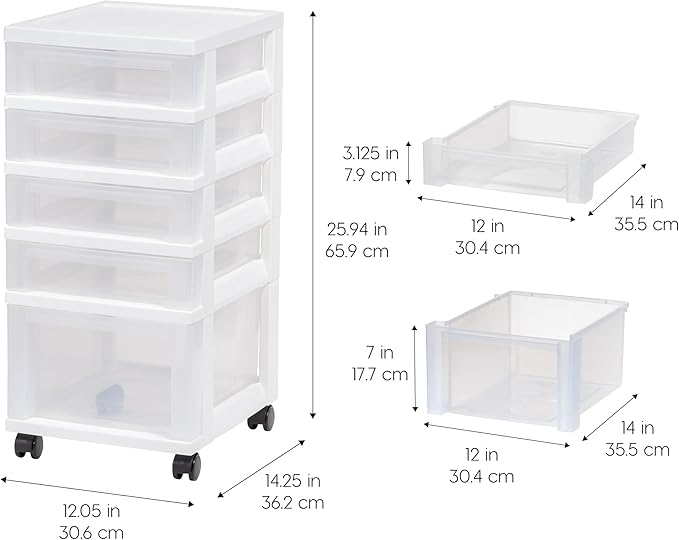 IRIS USA 5-Drawer Rolling Storage Cart with Organizer Top, White/Clear | Keep classroom supplies, teacher essentials, craft materials, and learning tools organized with easy-access drawers. - Image 3