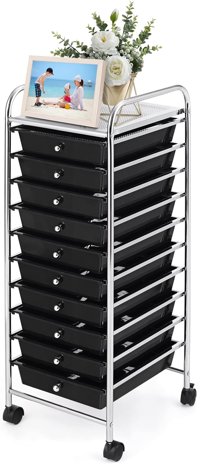 GOFLAME 10-Drawer Rolling Storage Drawer Cart, Utility Cart with Removable Drawers & Metal Frame, Mobile Art Craft Drawer Cart with Lockable Wheels for Home, Office, Studio, School, Black by GOFLAME