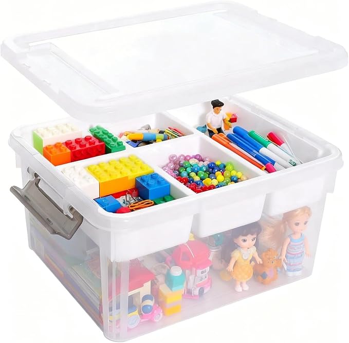 EOENVIVS 17 QT Clear Craft Storage Organizer Box with Removable Tray, Plastic Storage Bins with lids for Kids Art Supplies, Toys, Beads, Tools, Sewing & Classroom Clear+White Bulcket by EasyCozyHomey