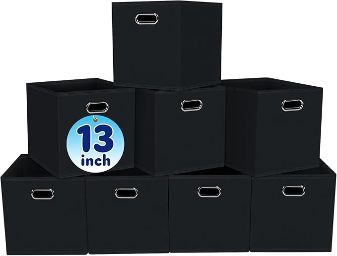 Fabric Cubby Storage Bins,13x13x13 Inches ,Cube Organizer Bin Foldable Storage Boxes with Dual Handles Fabric Organizer Box and collapsible Storage basket,Set of 8,Black by Yunkeeper