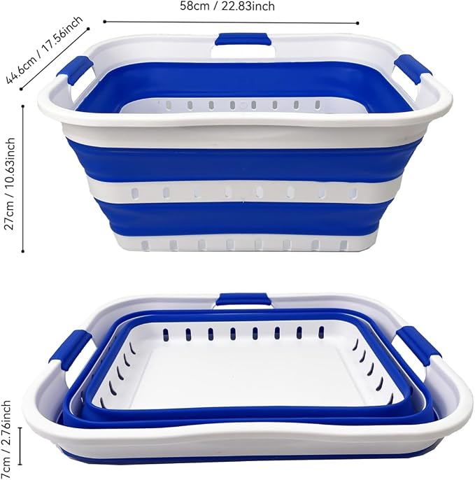 SAMMART 42L (11 gallons) Set of 2 Plastic Foldable Storage Basket/Container - Collapsible, Space Saving and Portable Laundry Hamper, Ideal for Home, Travel, Dorm (2, White/Dark Blue) - Image 3