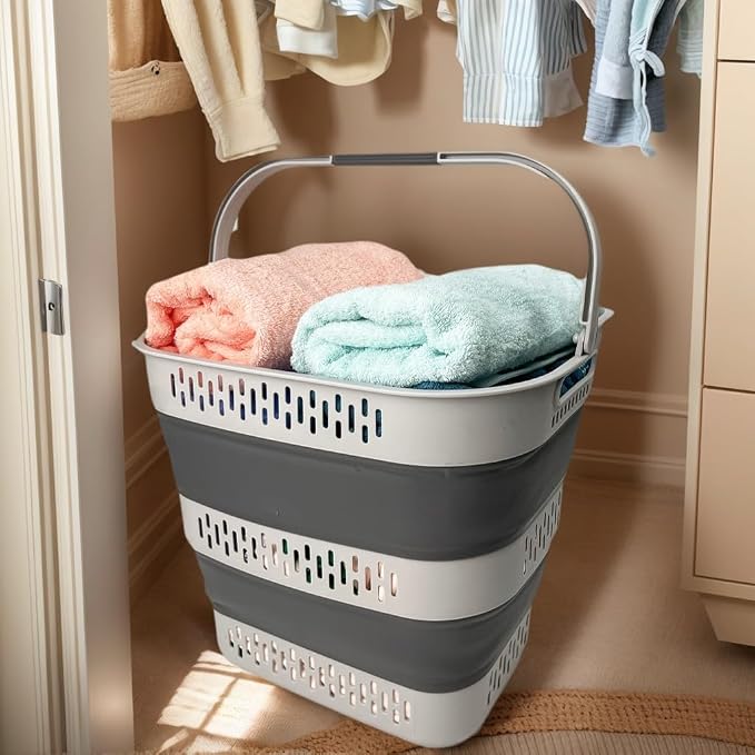 SAMMART 38L(10 Gal) Collapsible Laundry Basket - Foldable Pop-Up Storage Container/Organizer-Portable Space Saving Hamper, Measure 17.5x13.3x15.7"/3.8" Expanded/Collapsed (2, Grey) - Image 6