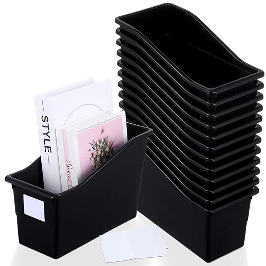 gisgfim 12 Pack Large Book Bins with Labels (Black) | Durable Plastic,Stackable Magazine Organizer,Storage Bins for Classroom,Library,Office,Bookshelf Categorization by gisgfim