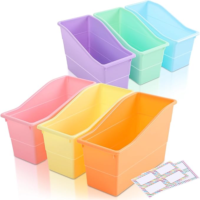 Blosssound 6 Set Book Bins for Classroom Stackable,Pastel | Plastic Baskets with Labels, Slanted Front, Library Supplies Organizers, Desktop Storage Bins, Teachers Home School Use by Blosssound