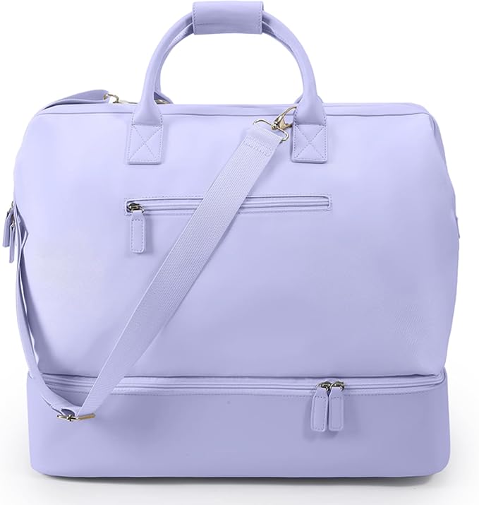 Nobl Travel Weekender Bag for Women & Men, Large Carry-On Duffel, Lavender | Leather Overnight Tote with Trolley Sleeve, Separate Shoe Compartment & Laptop Pocket for Airplane, Gym & Road Trips by NOBL