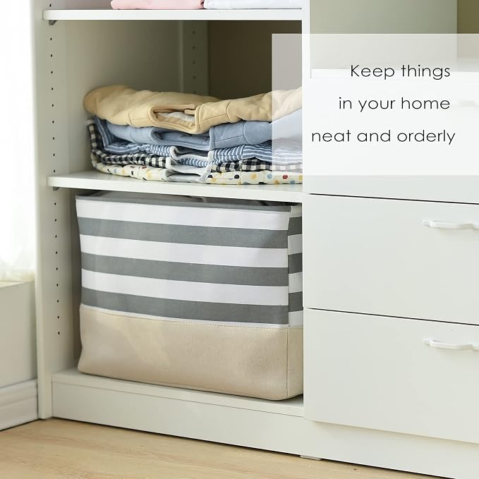 Jumbo Storage Bins Baskets, Sturdy Fabric Organizing Basket W/Handles, Decorative Foldable Storage Baskets for Shelves Closet Nursery Toy (Grey&White Stripes 3 Pack, 20.5Lx15.7Wx13.8H in) - Image 7