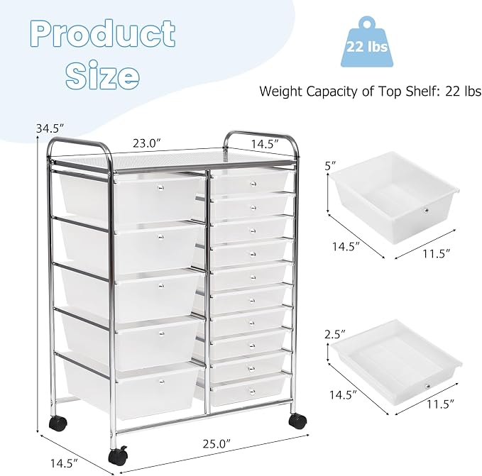 DREAMADE Rolling Cart with 15 Drawers, Clear Plastic Drawer Organizer w/Lockable Wheels, Removable & 2-Sized Storage Drawers, Art Cart for School Home Art Supplies Crafts File Scrapbook (Transparent) - Image 3