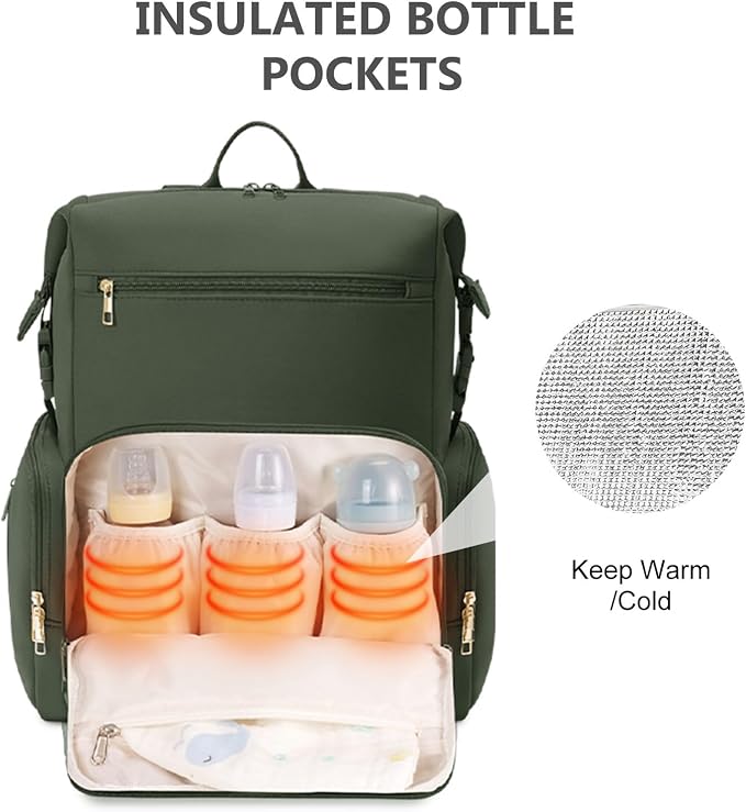 CEI-CEI Neoprene Diaper Bag Backpack with Insulated Pockets, Large Newborn Baby Maternity Bags Travel Tote with Changing Pad (Army Green) - Image 2
