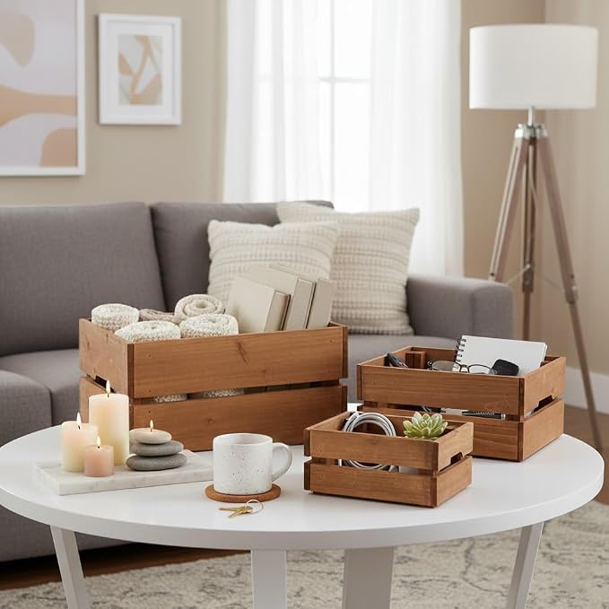 Set of 3 Rustic Wooden Storage Crates - Vintage Wood Storage Boxes with Handle for Home Organization Wooden Container Boxes Wood Baskets for Display Kitchen Pantry Cabinet Shelf Counter Home Decor - Image 3