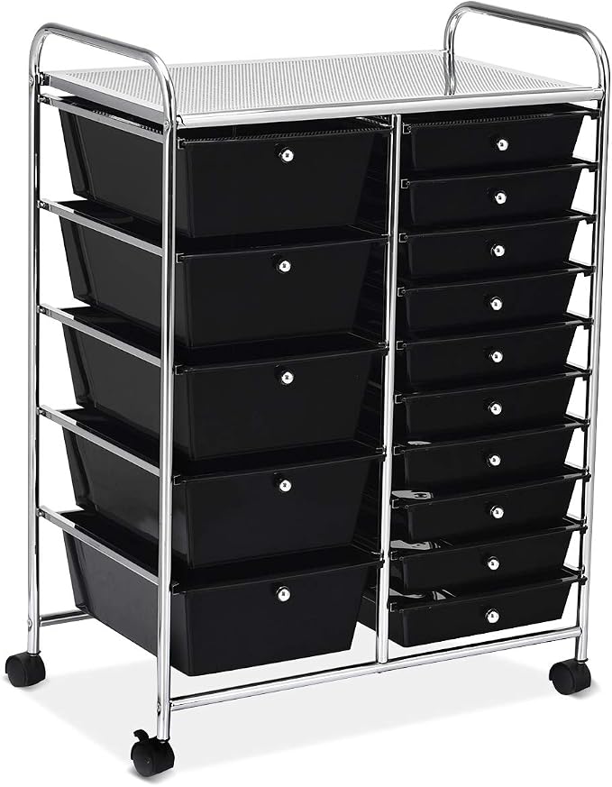 RELAX4LIFE 15 Drawer Rolling Storage Cart, Mobile Drawer Carts for Craft Art Supply Paper Salon, Utility Cart on Wheels for Classroom Teacher School Office, Rolling Cart with Drawers (Black) by RELAX4LIFE