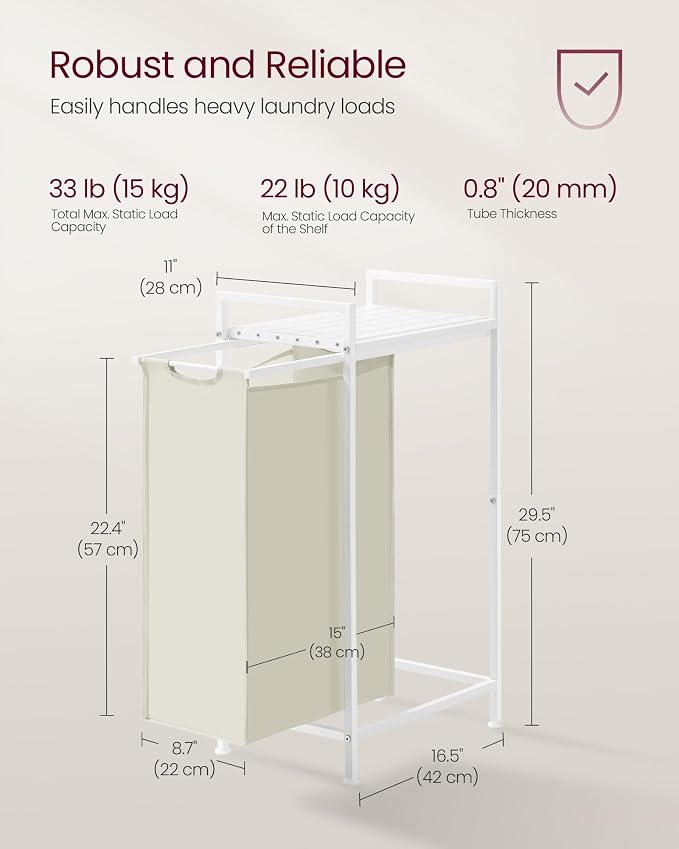 VASAGLE Laundry Hamper, Laundry Basket, Laundry Sorter with a Pull-Out and Removable Bag, Shelf, Metal Frame, 12.4 Gallons (47 L), 16.5 x 11 x 29.5 Inches, Cream White and Cloud White UBLH001W01 - Image 5