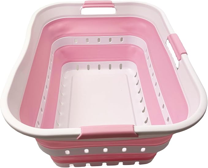 SAMMART 42 (11 Gallons) Collapsible Plastic Laundry Basket, Foldable Pop Up Storage Container/Organizer, Space Saving Hamper, Portable Bin for Dorm Room Bathroom (1, White/Cherry Pink) by SAMMART