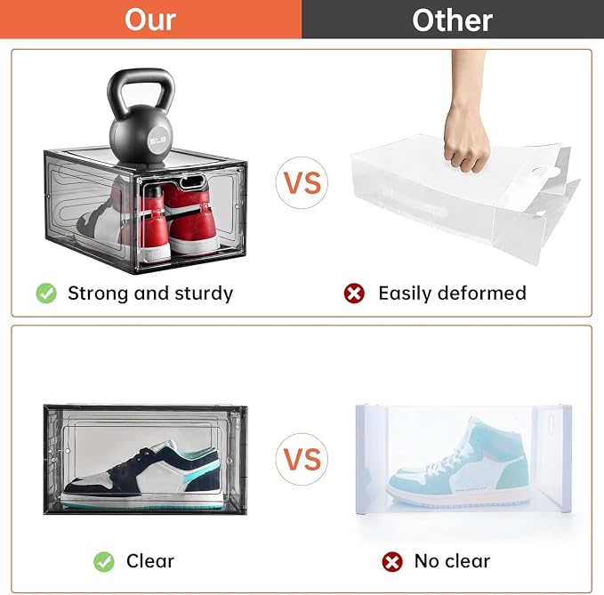 INSTY 12 Pack Gray Transparent Shoe Storage Organizer, Stackable Shoe Boxes for Closet, Drop Front Plastic Shoe Box with Grey Door, Easy to Assemble, Fit up US Size 12(13.4”x 9.8”x 7.1”) - Image 4