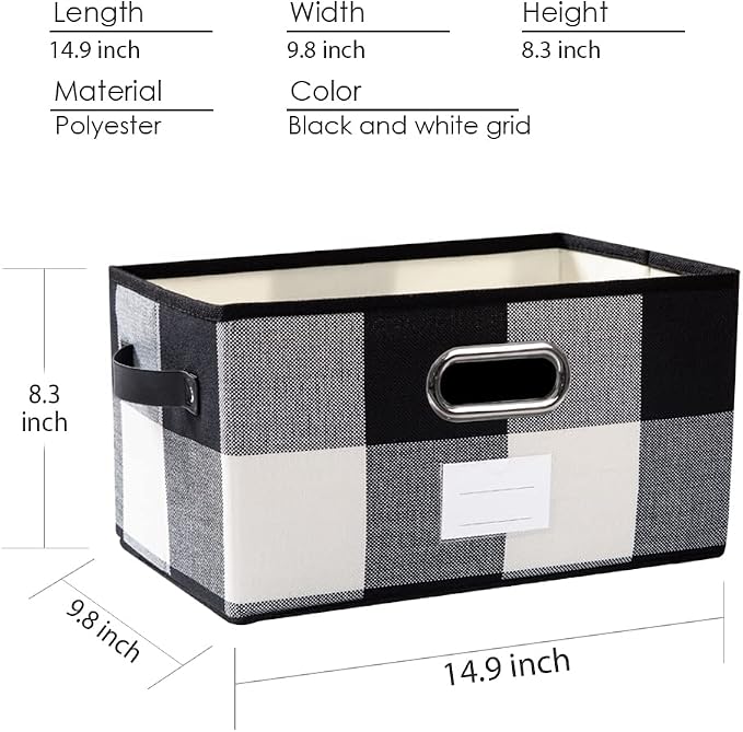 Large Collapsible Storage Baskets for Closet [3-pack] Decorative Fabric Storage Bins Cubes with Leather/Metal Handles for Shelves Bedroom Living Room Black and White Grid (14.9x9.8x8.3 Inch) - Image 3