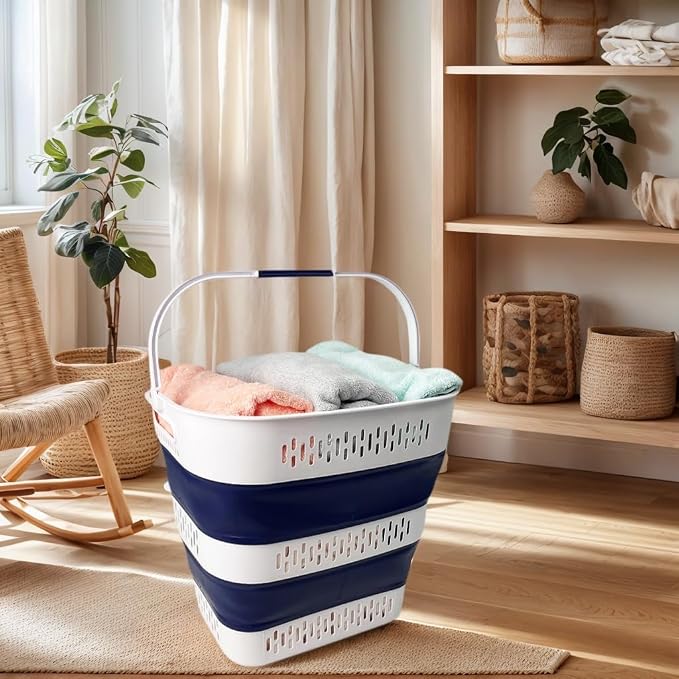 SAMMART 38L (10 Gallon) Collapsible Plastic Laundry Basket - Portable Pop-Up Storage Container/Organizer – Foldable Space Saving Laundry Hamper (2, White/Starry Blue) - Image 3