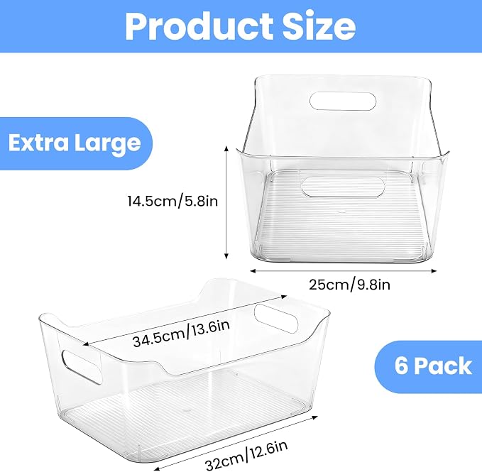 6 Set Storage Bins, Clear Plastic Organizers, with Handles | Clear Plastic Storage Containers, Multi-Use Organizers, for Home, Kitchen, Cabinet and Pantry - Image 2