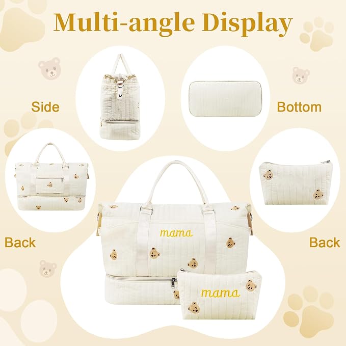 Mama Maternity Hospital Bag Essentials for Women Labor Delivery Baby Diaper Organizer with Shoe Compartment & Toiletry Pouch Travel Duffle Bag for Pregnancy Mommy Weekender Overnight Gifts,Beige Bear - Image 8