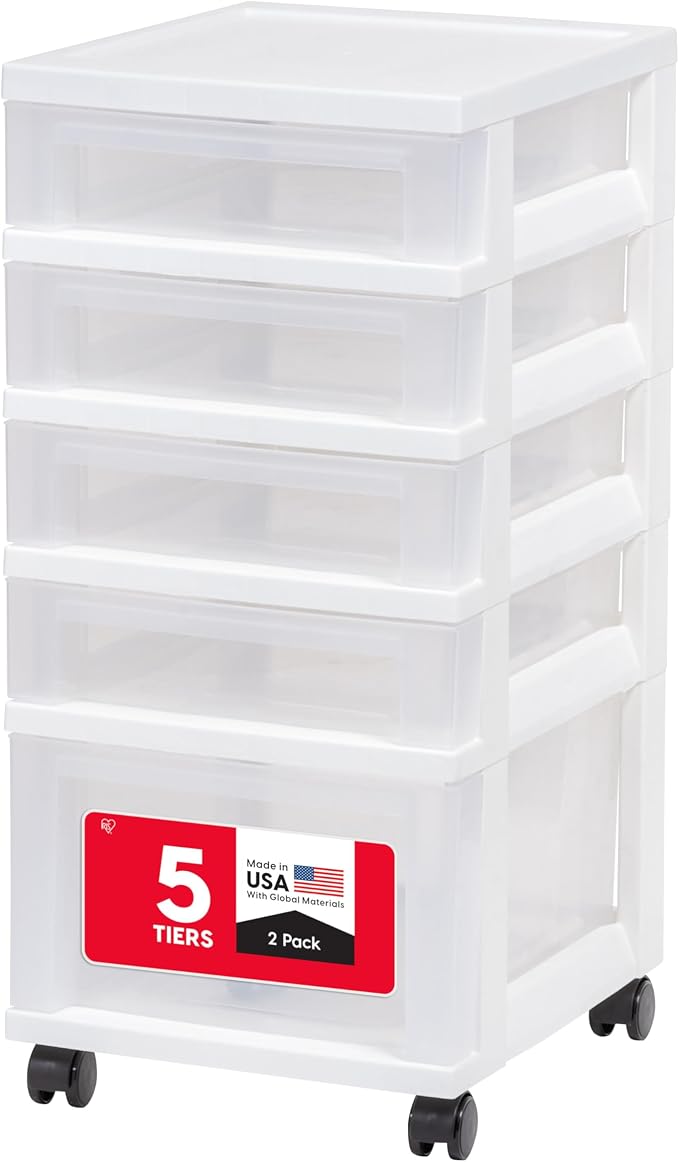 IRIS USA 5-Drawer Rolling Storage Cart with Organizer Top, White/Clear | Keep classroom supplies, teacher essentials, craft materials, and learning tools organized with easy-access drawers. by IRISUSA