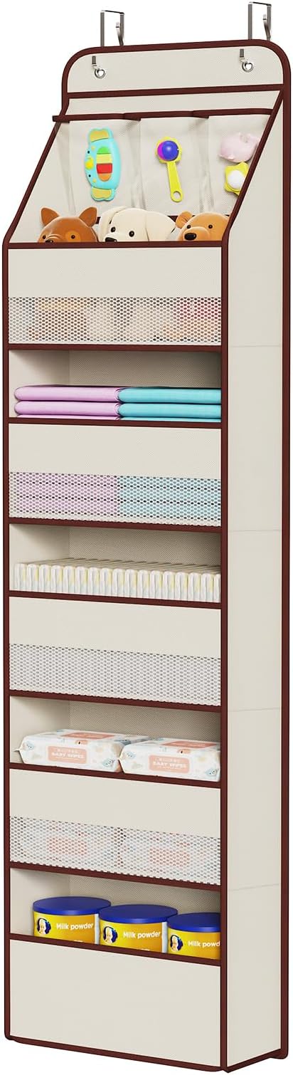 Univivi Fabric Over Door Hanging Organizer for Baby Nursery, Beige, 6-Shelf | Door Storage with Large Capacity Breathable Mesh Pockets, Over the Door Organizer for Baby Essential, Bedroom and Dorm by Univivi