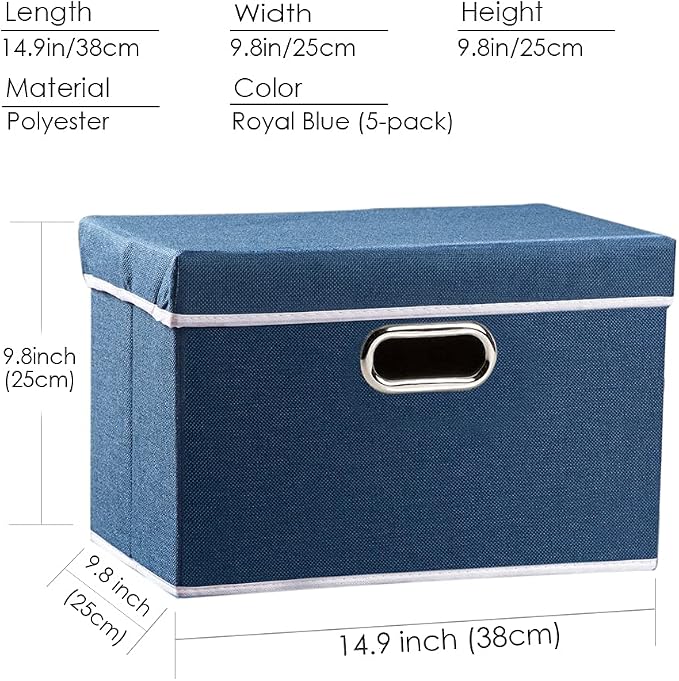 Foldable Storage Bin with Lid [5-Pack] Linen Fabric Decorative Storage Box Organizer Container Basket Cube with Handles Divider for Closet Office Living Room Royal Blue(14.9x9.8x9.8) - Image 5