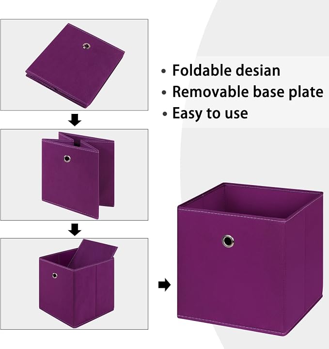 Foldable Storage Cubes Bins ,11 Inch Cloth Storage Cube Fabric Storage Box Cubes Organizer Baskets with Handles for Home Organizer Set of 3 (Purple) - Image 6