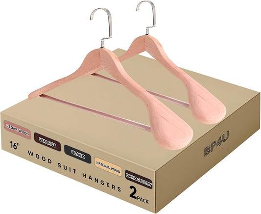 Wooden Suit Hangers with Non Slip Pants Bar, Cedar Wood, 2-Pack, 16" | Wood Extra-Wide Shoulder Hangers, Flat-Head Hook Hangers for Suits, Coats, Jackets, Shirts, Pants, and Heavy Clothes by BP4U%E2%84%A2