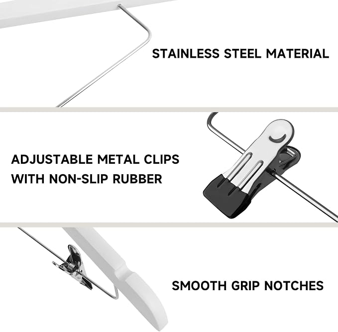Wooden Hangers with Adjustable Metal Clips, 12-Pack, White | Solid Wood Hangers with 360° Rotatable Hook for Skirt, Dress, Coats, Jacket and Pants, Space-Saving and Non-Slip Design - Image 4