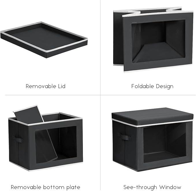 Storage Bins with Lids - Small Fabric Organizers with Window, Collapsible Storage Bins for Clothes, Decorative Closet Organizers for Towels, Tshirt, 3 Pack, Black - Image 7