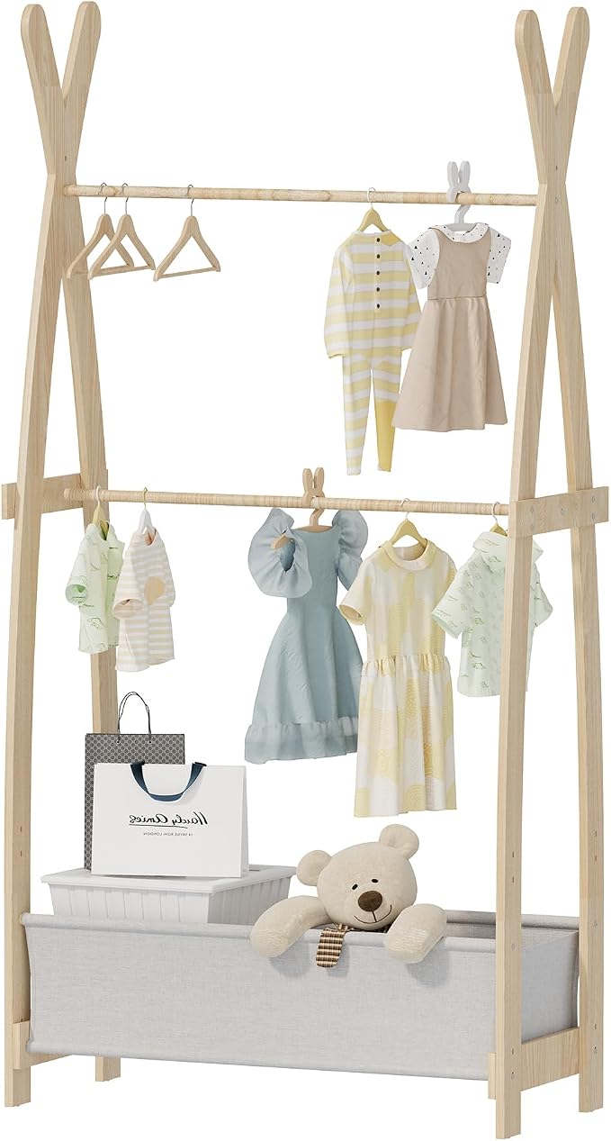 NACHES Tall Kids Clothing Rack with Double Hanging Rods Wooden Garment Rack for Toddler Baby Wardrobe Closet Compact Dress Up Storage Organizer for Girl Costume Princess Coat Bedroom Playroom Nursery - Image 7