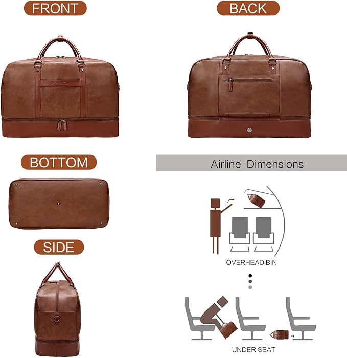 Large 4-in-1 Leather Duffle Bag for Travel Weekender Overnight Hospital Gym Bag for Men & Women, Carry On Airline Approved Personal Item Duffel Garment Bag Luggage with Shoe Compartment & Toiletry Bag - Image 4