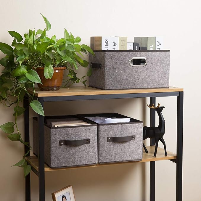 Large Collapsible Storage Baskets for Closet [5-pack] Decorative Fabric Storage Bins Cubes with Leather/Metal Handles for Shelves Bedroom Living Room Grey (14.9x9.8x8.3 Inch) - Image 3