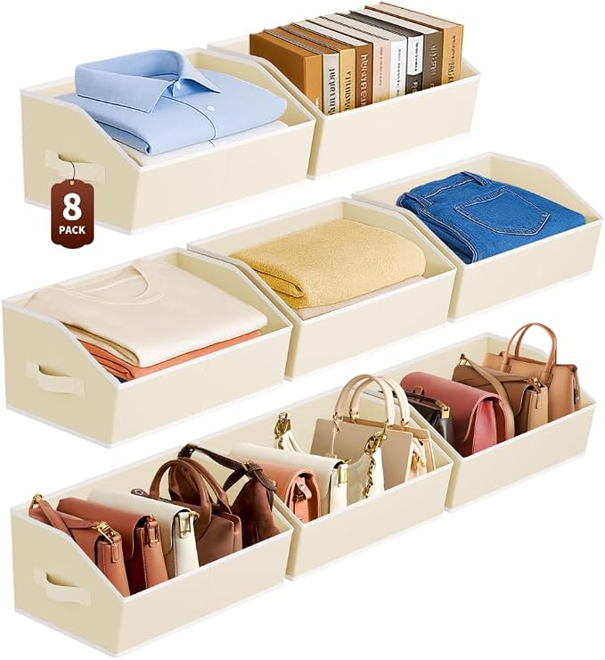 Large Closet Organizers and Storage Bins - 8 Pack Trapezoid Storage Baskets for Shelves, Foldable Fabric Baskets with Handles Ideal for Closet, Basket, Wardrobe and Shelf Storage, Beige by Homsorout