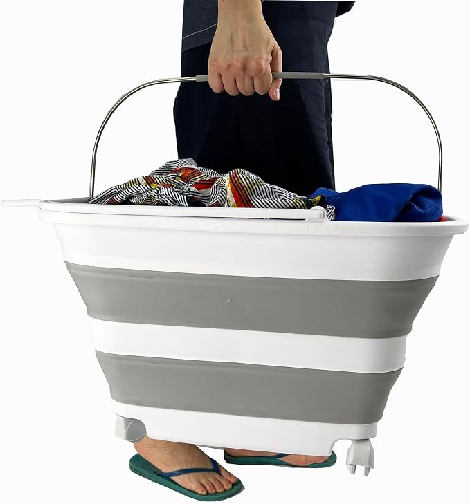SAMMART 35L (9.24 Gallons) Collapsible Plastic Laundry Basket with Handle and Wheels - Foldable Pop Up Storage Container/Washing Tub - Space Saving (1, White/Grey) - Image 4