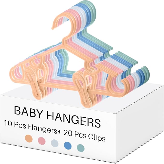 Hsei Baby Hanger with Clip for Pant,30 Packs Total,Morandi Color,10.6 Inch | 10 Kids Plastic Hanger with 20 Clips for Newborn, Nursery, Daycare, Preschool, Closet, Wardrobe Organizer for Baby Shower by Hsei