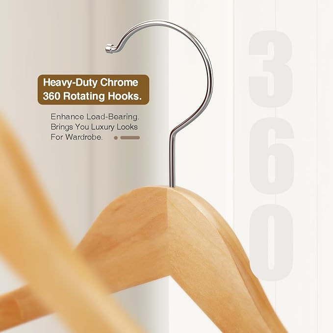 Wide Shoulder Hanger 10 Pack,Solid Wood Hanger,Heavy Duty Suit Hangers,Coat Hangers with Retotating Hooks & Non Slip Pants Bar,Smooth Clothes Hangers for Sweater, Pants, Jacket(Natural - Image 4