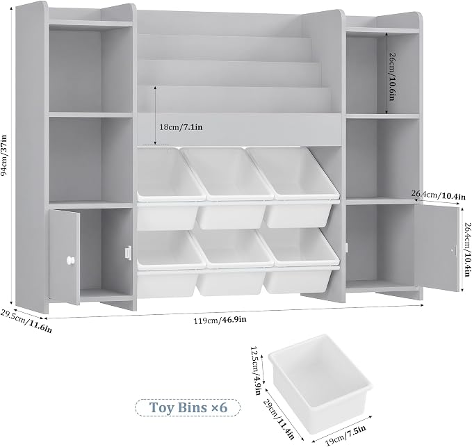 Toy Storage Organizer with 6 Toy Bins & 4 Tier Kids Bookshelf | Toy Organizer with 6 Cubbies, Kids Toy Organizers and Toy Storage with Bins, Playroom Storage and Toy Chest, Grey - Image 2