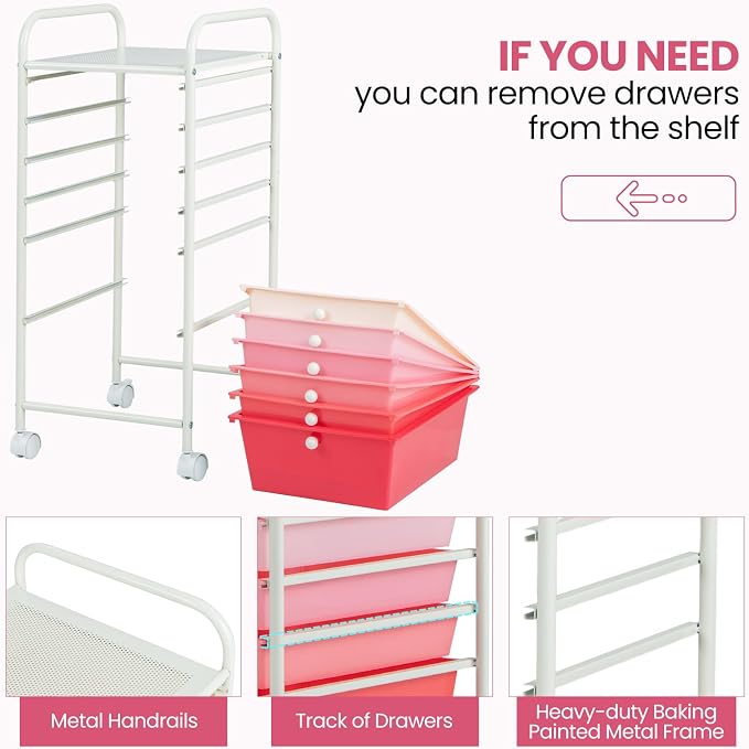 Giantex 6 Storage Drawer Cart Rolling Organizer Cart for Tools Scrapbook Paper Home Office School Multipurpose Mobile Utility Cart (Pink Gradient) - Image 6