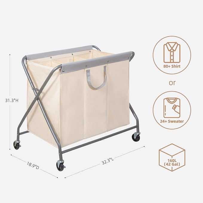 STORAGE MANIAC 160L Collapsible Laundry Hamper with Wheels, Rolling Laundry Basket, Heavy Duty Cloth Sorter with Removable Bag, Folding X Frame Clothes Organizer Cart for Easy to Store, 3 Section - Image 3