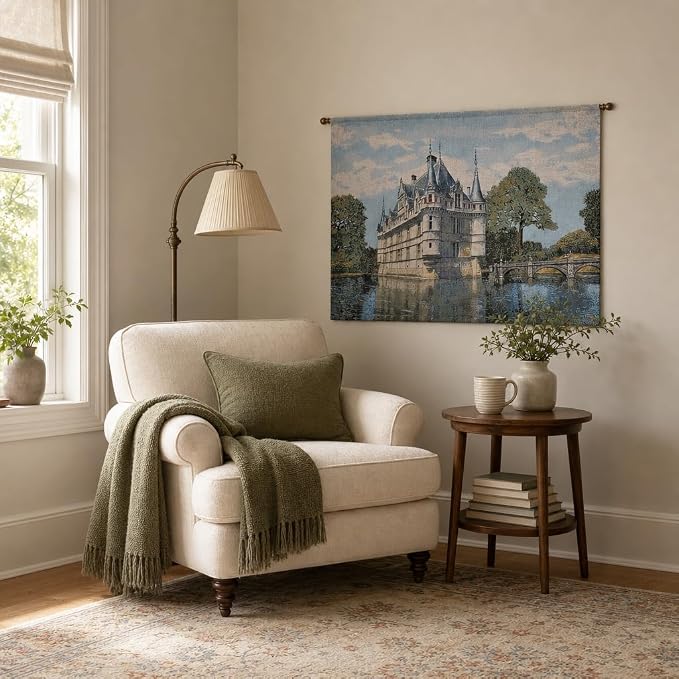 Vintage French Castle Woven Wall Tapestry, 41.5x28 Renaissance Architecture Jacquard Wall Hanging, Historic Chateau Art with TC Lining & Dual Rod Pockets, Elegant European Home Decor (Antique Ivory & Sandstone) - Image 2