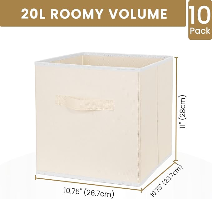 Storage Cubes, 11 Inch Clothes Storage Bins with Dual Handles (10 Pack), Fabric Collapsible Storage Bins for Shelves Closet, Cubby Organizer Bins for Clothing Toys Blanket Magazines (Beige) - Image 2
