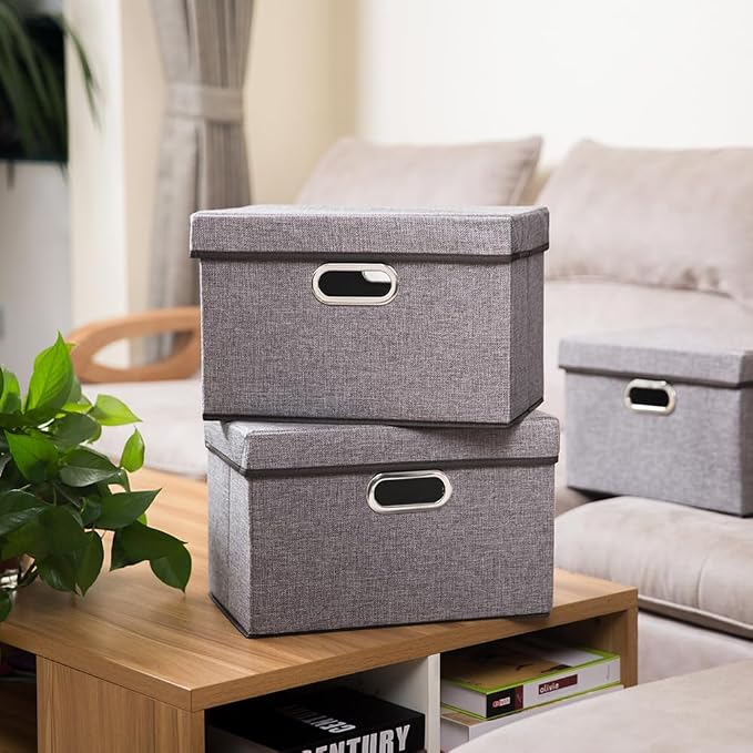 Foldable Storage Boxes with Lids [1-Pack] Linen Fabric Collapsible Storage Bins Organizer Containers Baskets Cube with Cover for Home Bedroom Closet Office Nursery (14.9x9.8x9.8) - Image 2