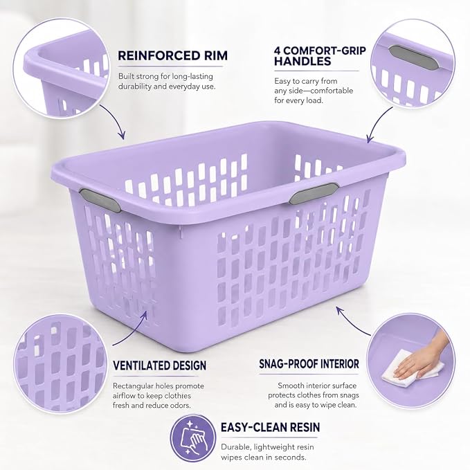 Laundry Basket 2 Bushel Plastic with 4 Handles 6 Pack Lilac | 6-Pack 2 Bushel Laundry Baskets with 4 Comfort-Grip Handles – Carries easily from any side. Rectangular ventilation holes - Image 4