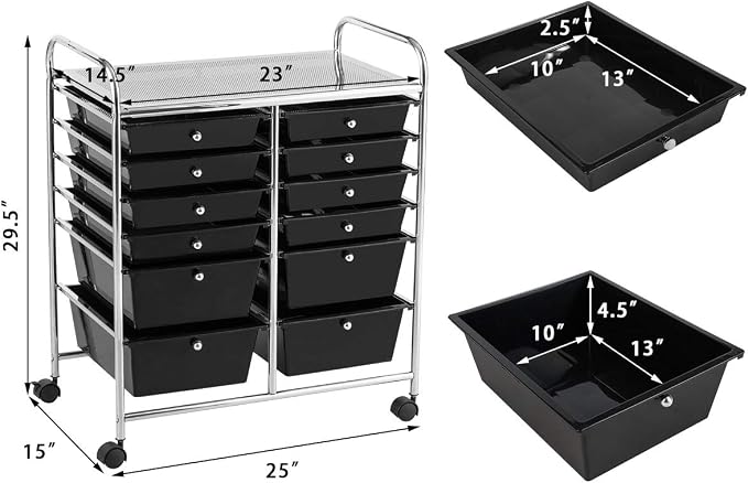 12 Drawer Rolling Storage Cart, Craft Cart Organizer on Wheels w/Metal Frame, Large Capacity & Smooth Drawer, Rolling Cart w/Drawers for Classroom, Office - Image 3