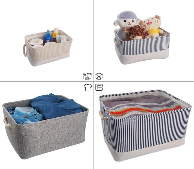 Mangata Fabric Storage Bins, Set of 3 Foldable Canvas Storage Basket W/Handles for Organizing Shelves Toys Clothes Nursery Home Closet(Grey Stripe, Medium) - Image 4