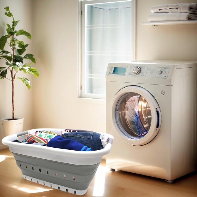 SAMMART 41L (10.8 gallon) Set of 2 Collapsible 3 Handled Plastic Laundry Basket-Foldable Pop Up Storage Container/Organizer-Space Saving Hamper/Basket (2, White/Grey) - Image 4