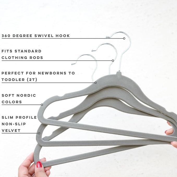 3 Sprouts Velvet Baby Hangers, Non Slip Slim, Dark Gray, 30 Pack | Non-slip velvet, Notched shoulders, 360-degree swivel hook, 11.75 x 8 in, Infant and toddler clothes, Soft colors for nursery - Image 3